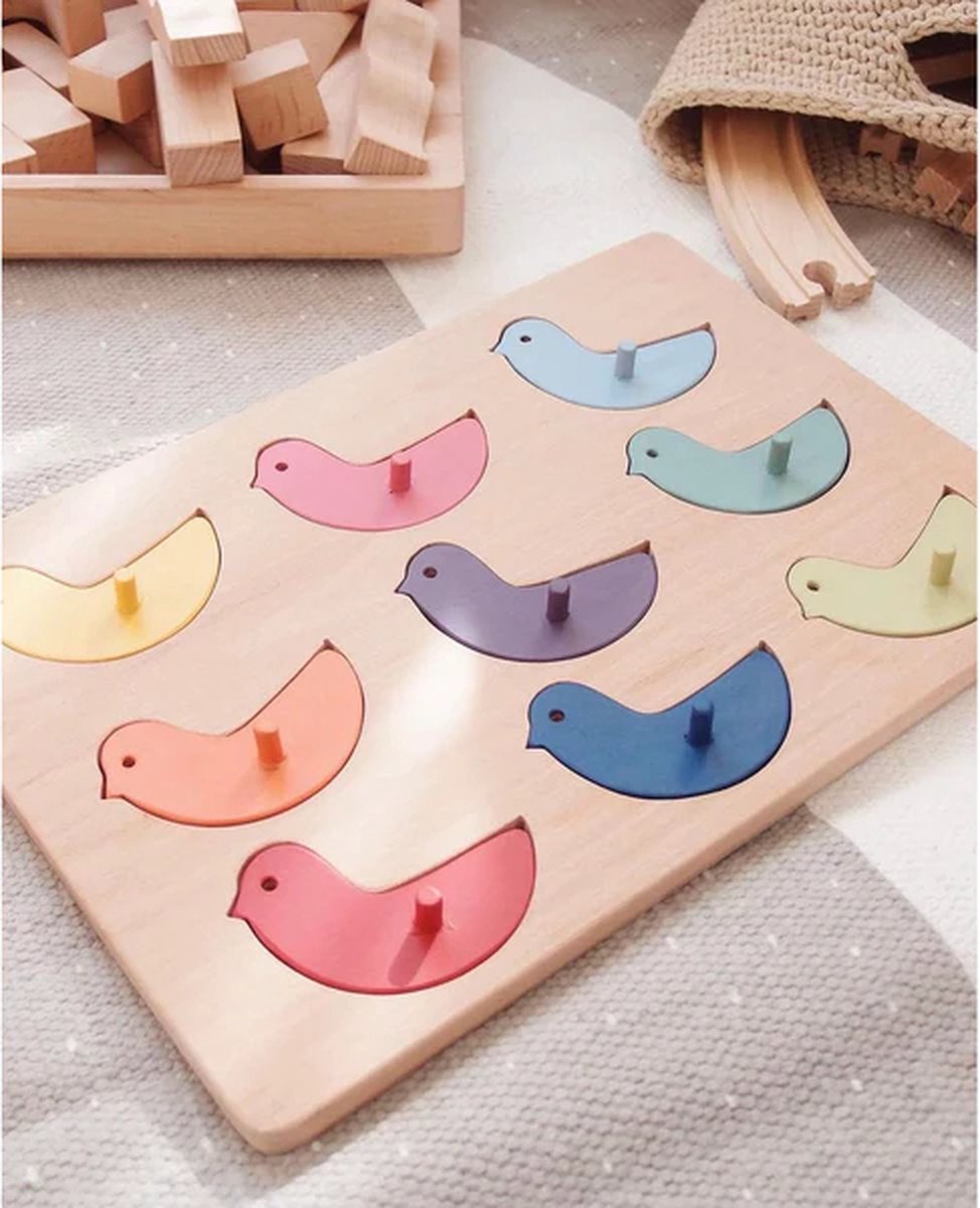 L and Wood Vogelpuzzel | houten speelgoed - speelgoed - puzzel - pastel - handgemaakt - spelen maar - babyshower - kraamcadeau - jongen - meisje - peuter - vormherkenning - kleurherkenning